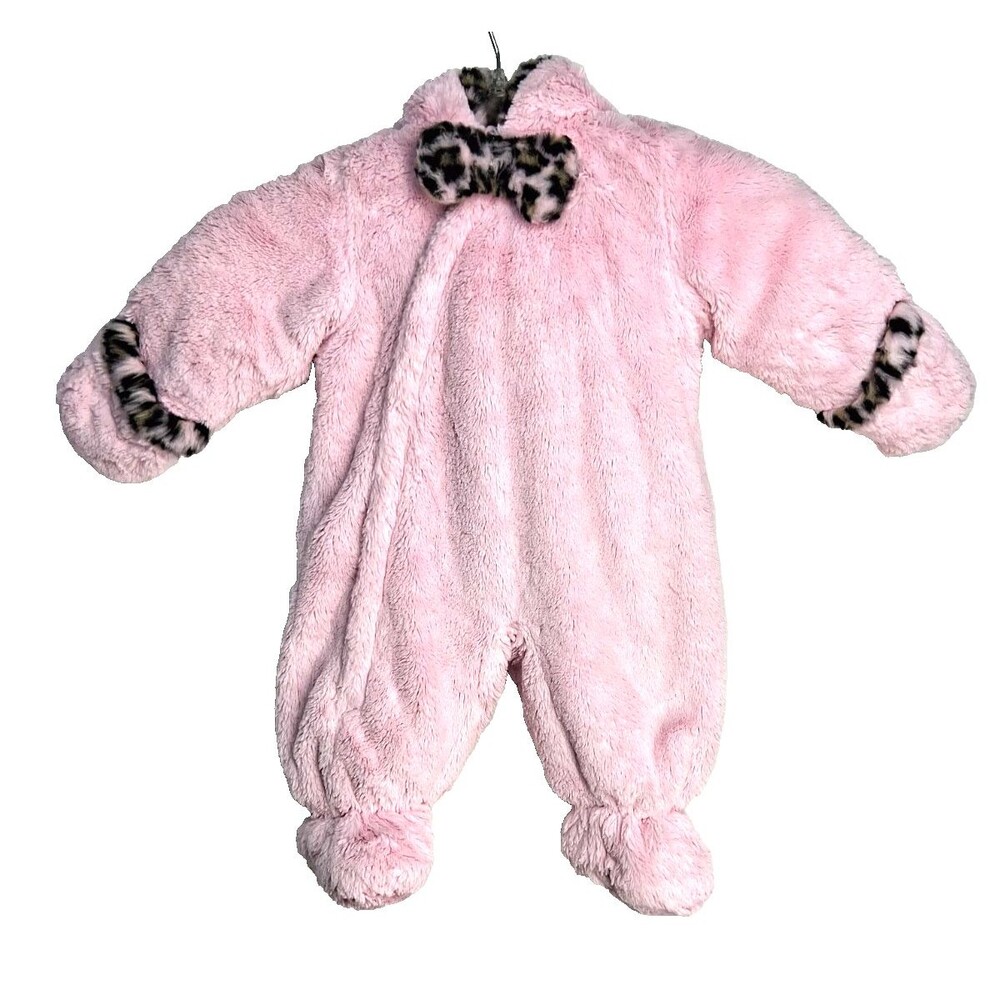 Rothschild Girls 0/6 Mos Pink Snowsuit Winter One piece Full Zip leopard trim